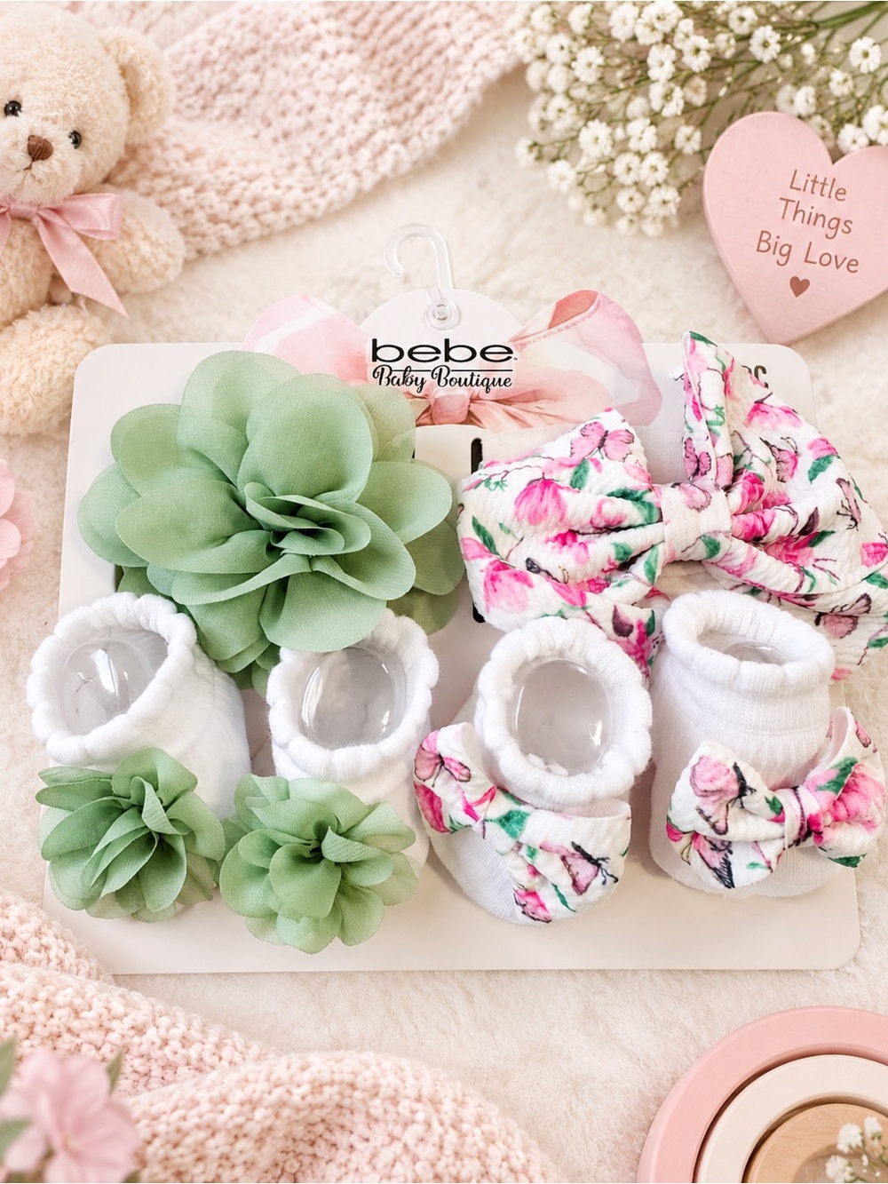 bebe Floral Pink & Green Baby Bow, Headband and Sock Set